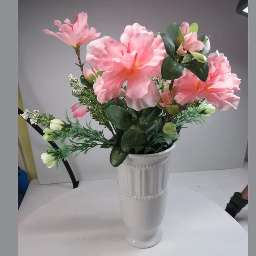 White Ceramic Vase with Pink Silk Faux Flowers Vase BEADED & RIBBED, Faired Base